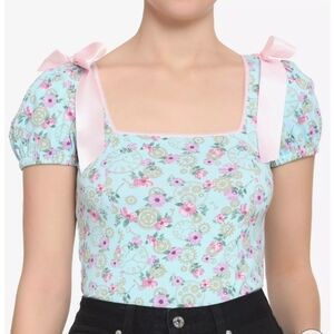 Hot Topic Blue Floral Clocks & Gears Girls Top